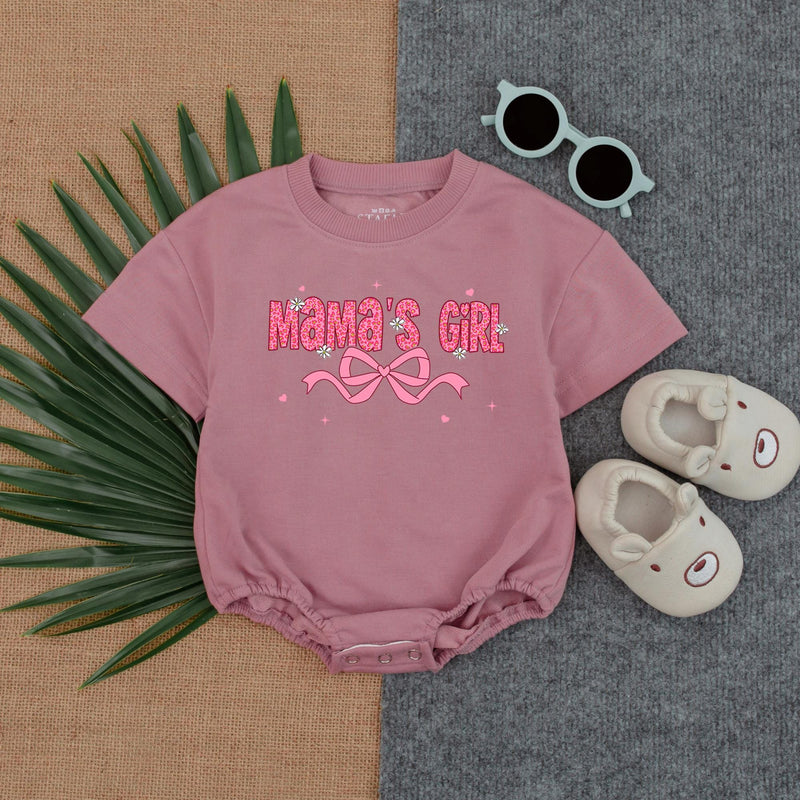 Mama's Girl Pink Romper with Bow and Hearts Baby Girl Outfit First Birthday Gift Fun Summer Wear for New Dads Soft Cotton T-shirt