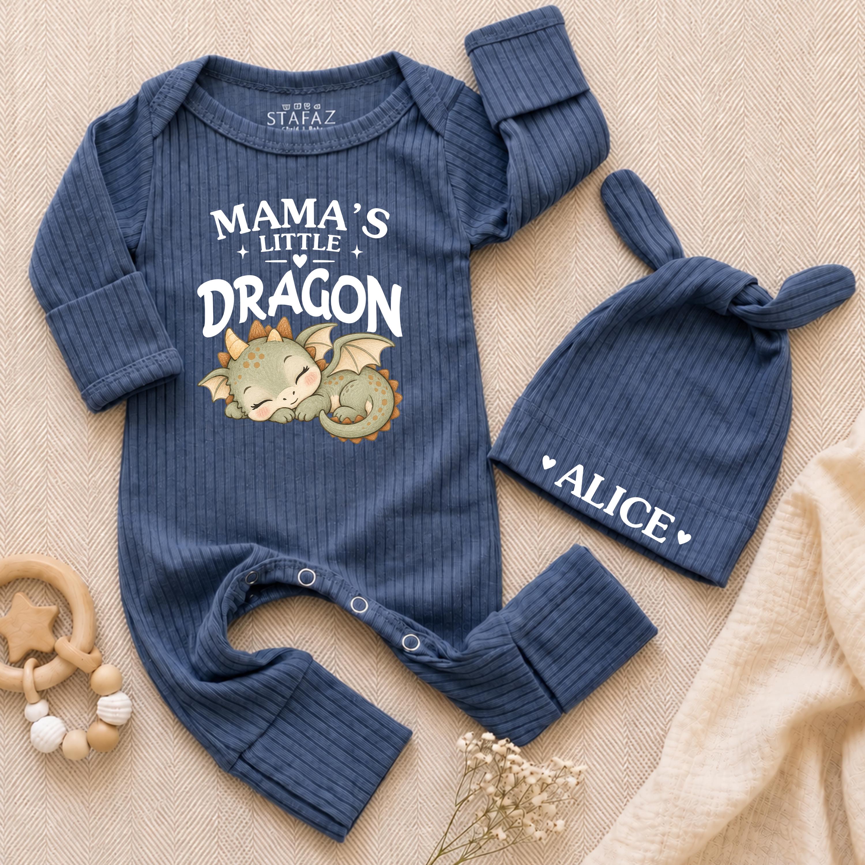 Mama's Little Dragon Baby Bodysuit and Hat Set with Custom Name, Cute Newborn Outfit for Baby Shower or Coming Home Gift