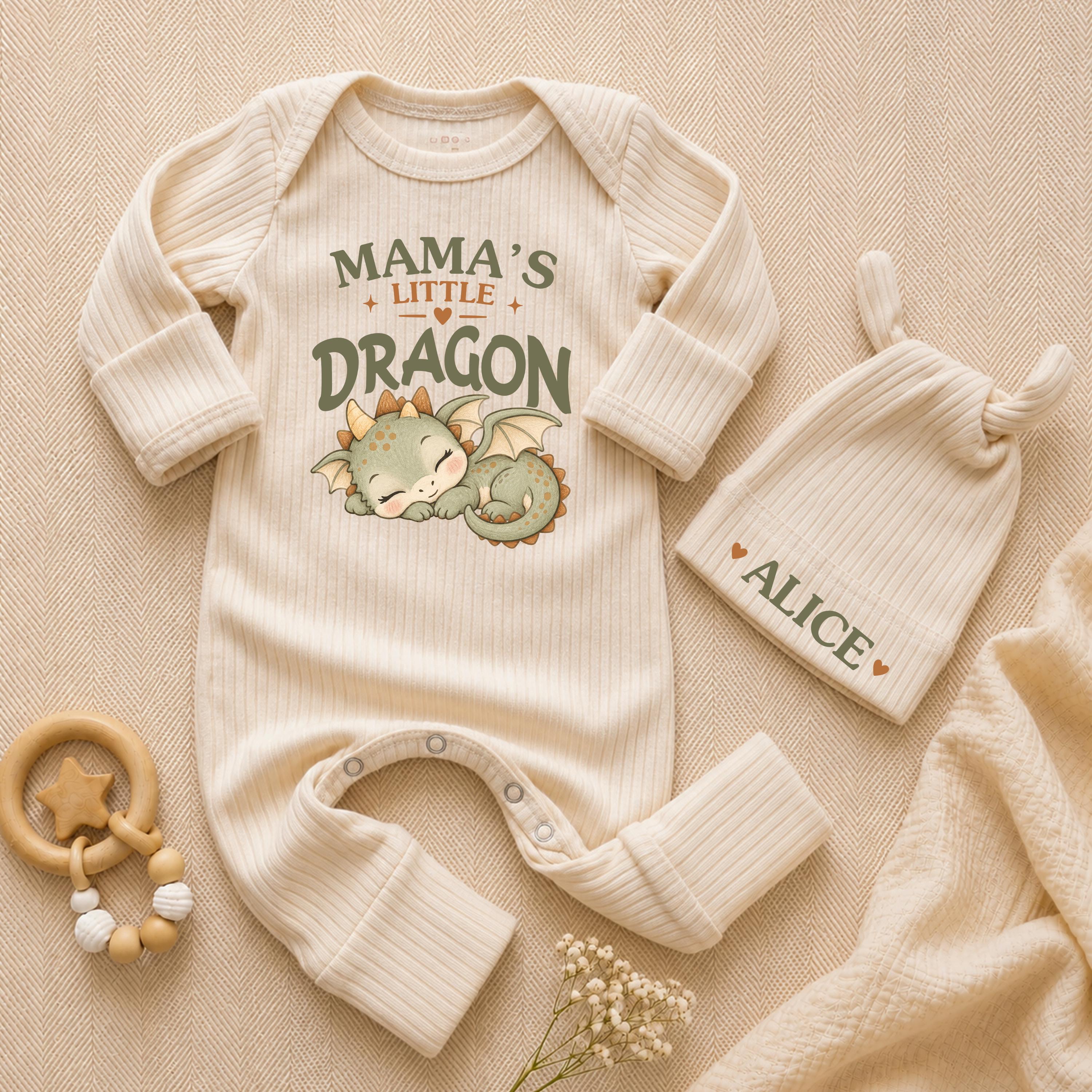 Mama's Little Dragon Baby Bodysuit and Hat Set with Custom Name, Cute Newborn Outfit for Baby Shower or Coming Home Gift