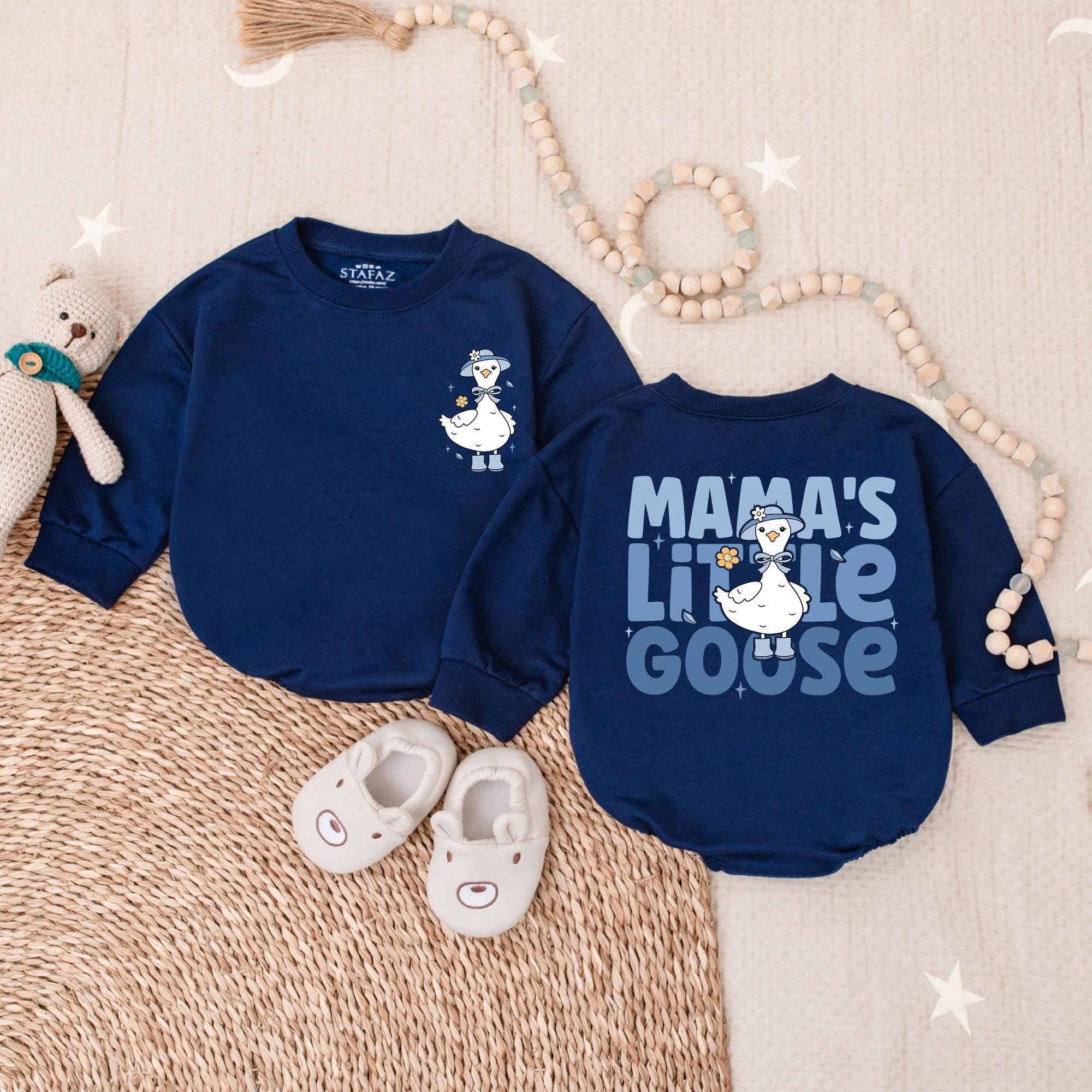 Mama's Little Goose Bubble Romper Cute Infant Baby Girl Outfit Mother's Day Gift Soft Cotton Pastel Blue Bonnet Yellow Flower Design