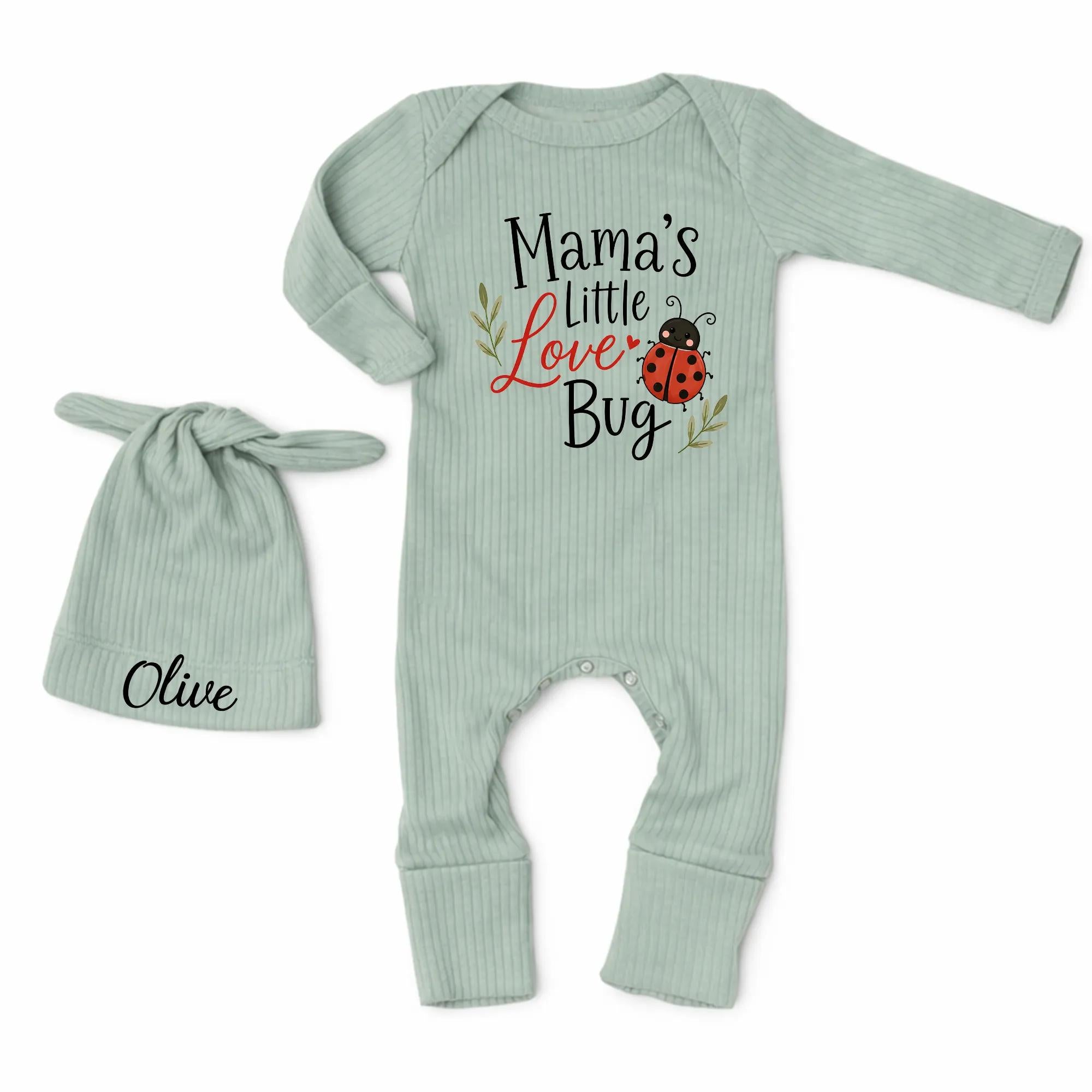 Mama's Little Love Bug Baby Bodysuit with Ladybug Artwork and Custom Name Hat, Adorable Newborn Coming Home Outfit