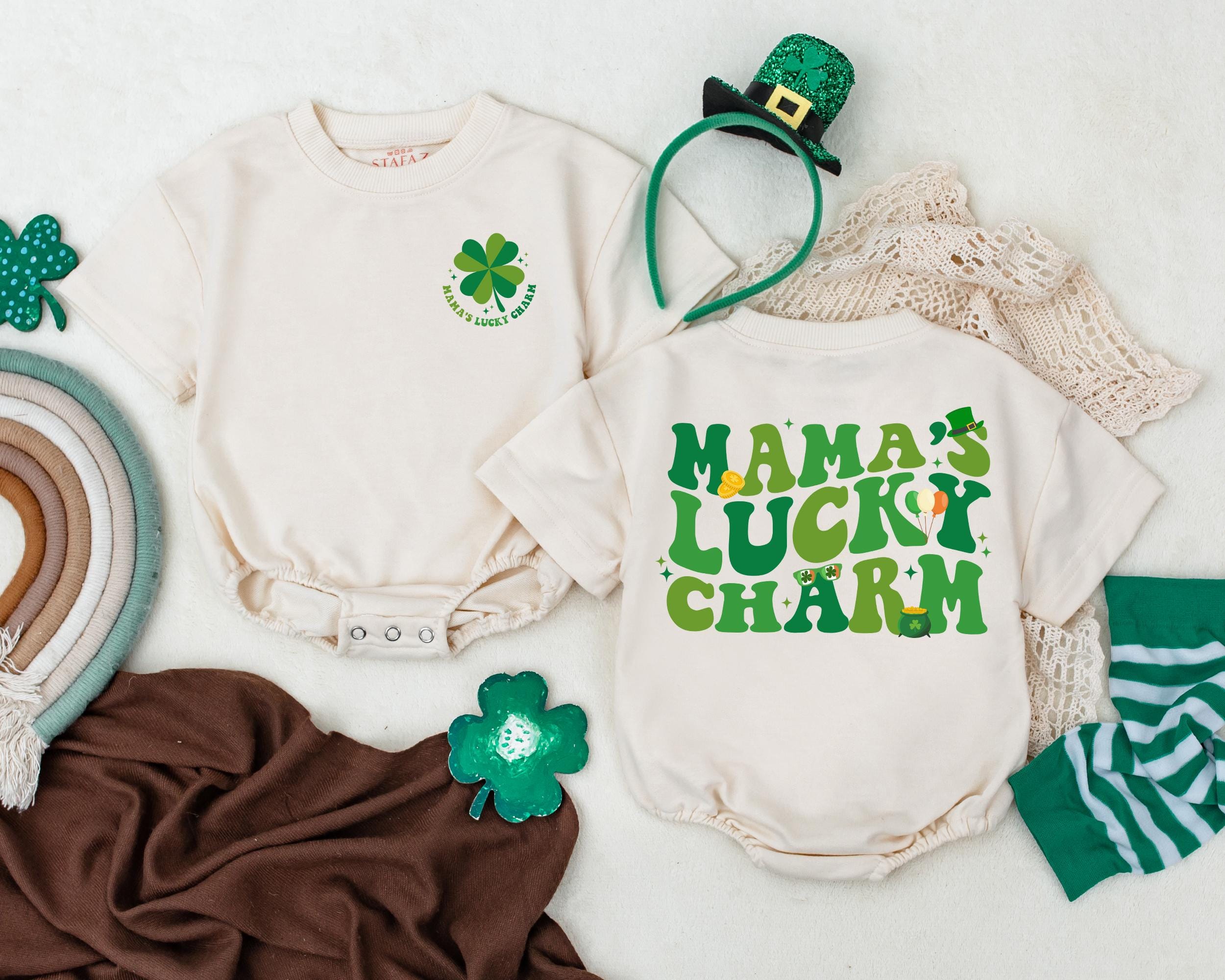 Mama's Lucky Charm Baby Romper with Green Clover Soft St. Patrick's Day Outfit Infant Sweatshirt Bodysuit Irish Gift 1st Holiday Celebration