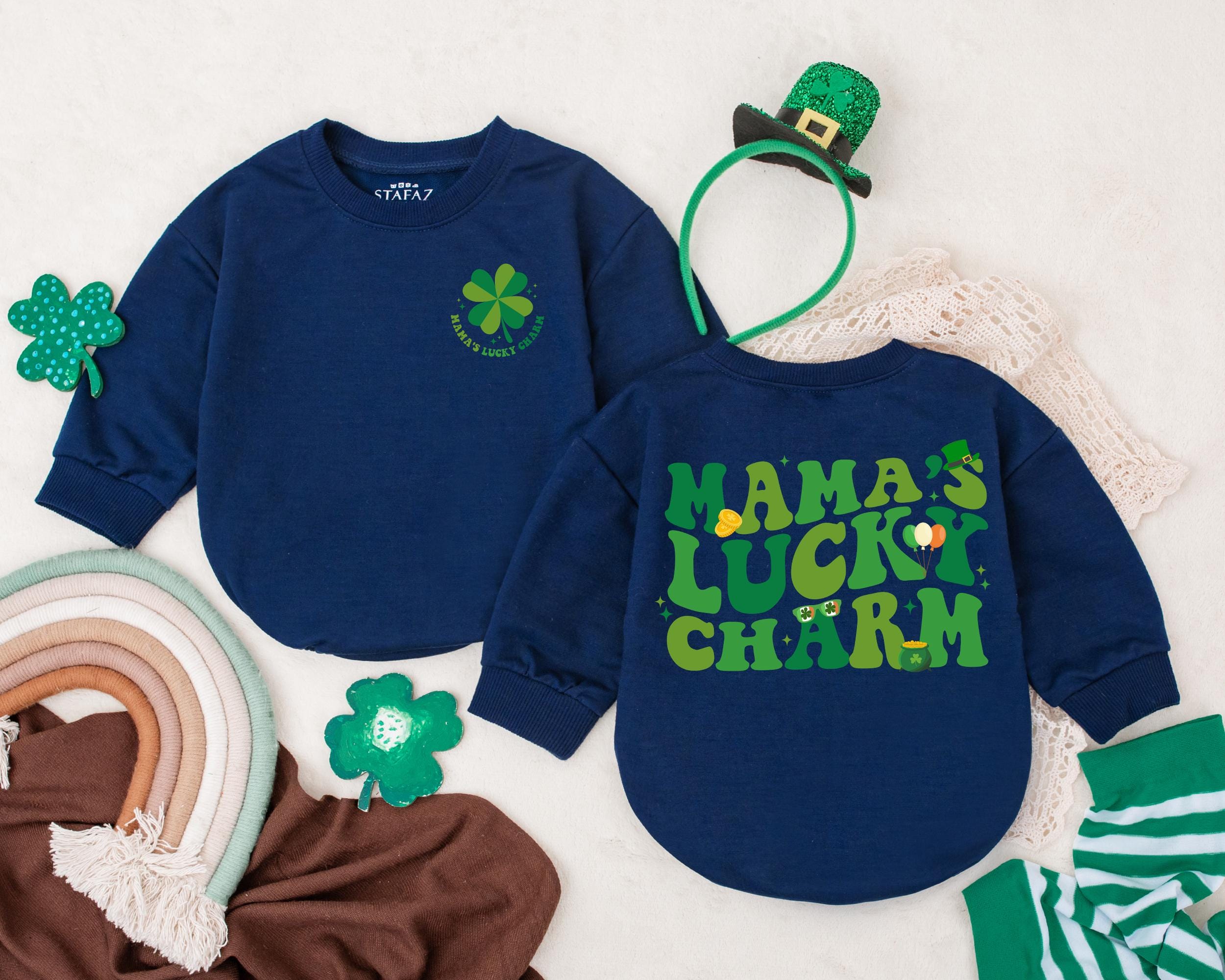 Mama's Lucky Charm Baby Romper with Green Clover Soft St. Patrick's Day Outfit Infant Sweatshirt Bodysuit Irish Gift 1st Holiday Celebration