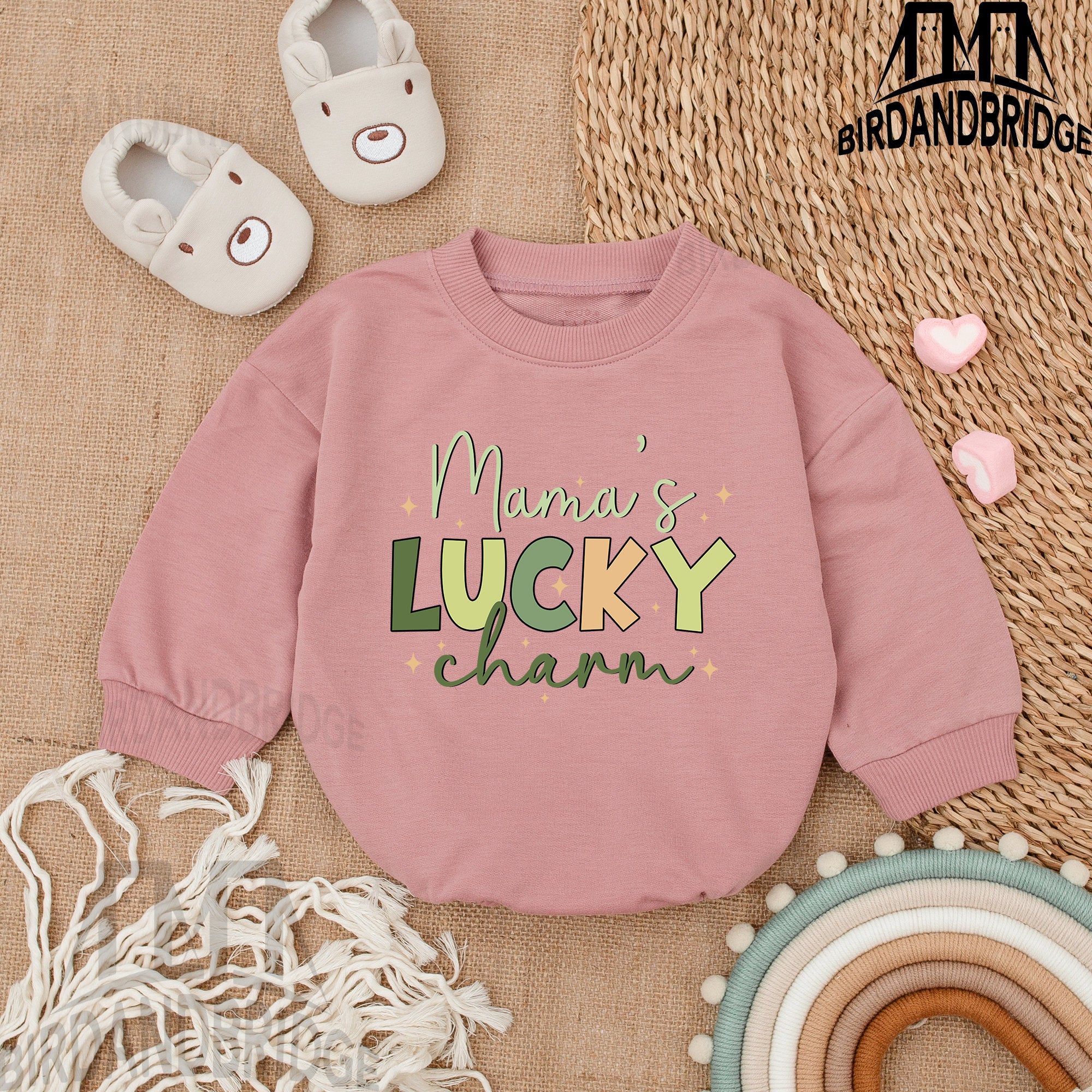Mama's Lucky Charm Baby Romper St. Patrick's Day Outfit Irish Infant Bodysuit Light Mauve Soft Cotton Newborn Holiday Gift