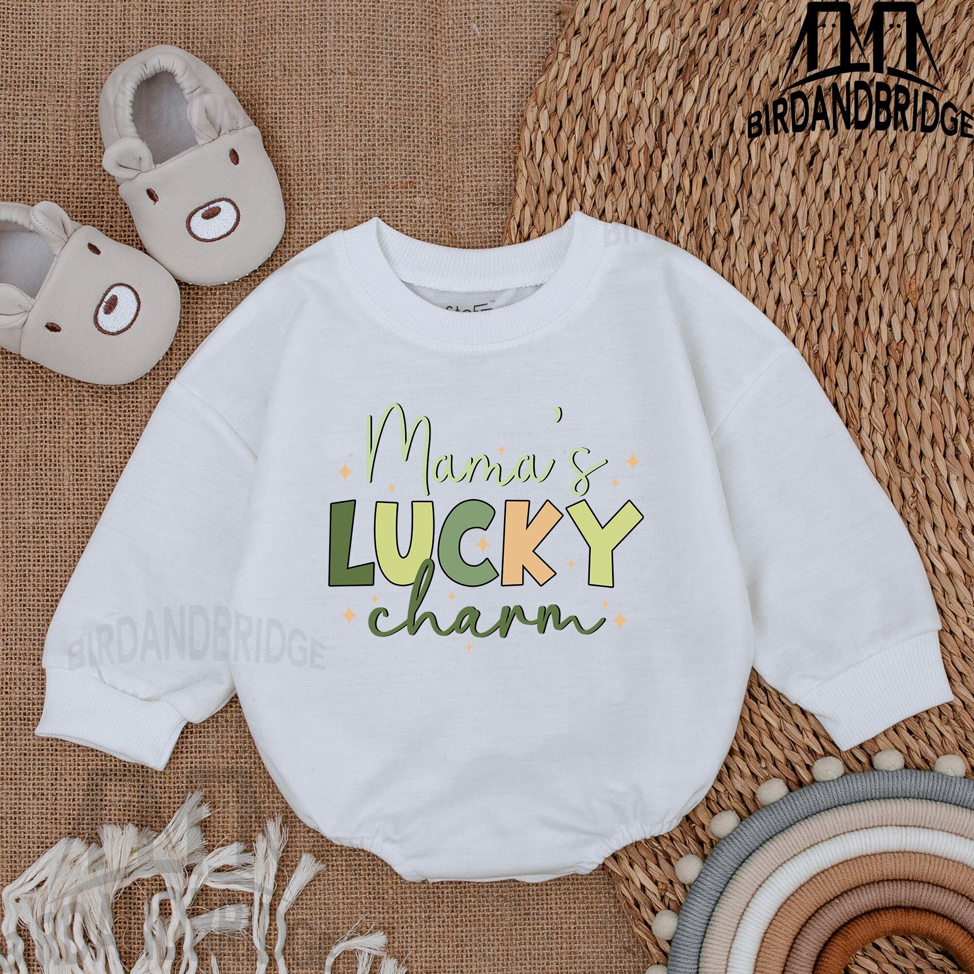 Mama's Lucky Charm Baby Romper St. Patrick's Day Outfit Irish Infant Bodysuit Light Mauve Soft Cotton Newborn Holiday Gift