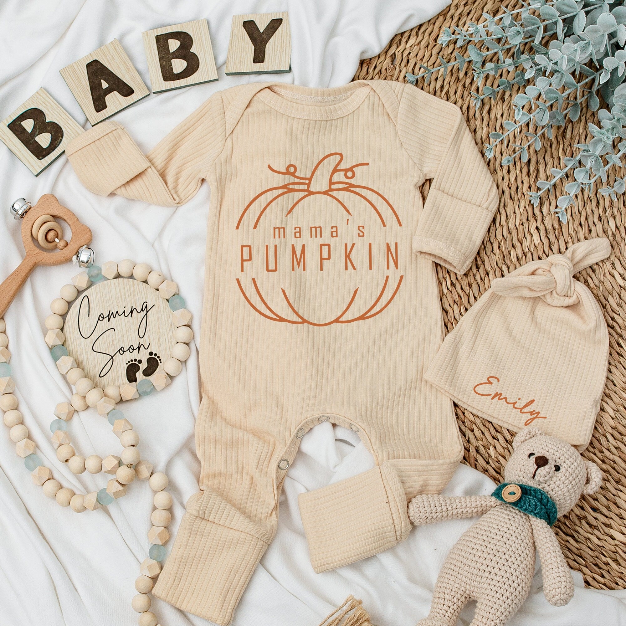 Mama's Pumpkin Baby Bodysuit and Hat Set for Fall Newborn Gift Soft Cotton Long Sleeve Outfit Personalized Name Option