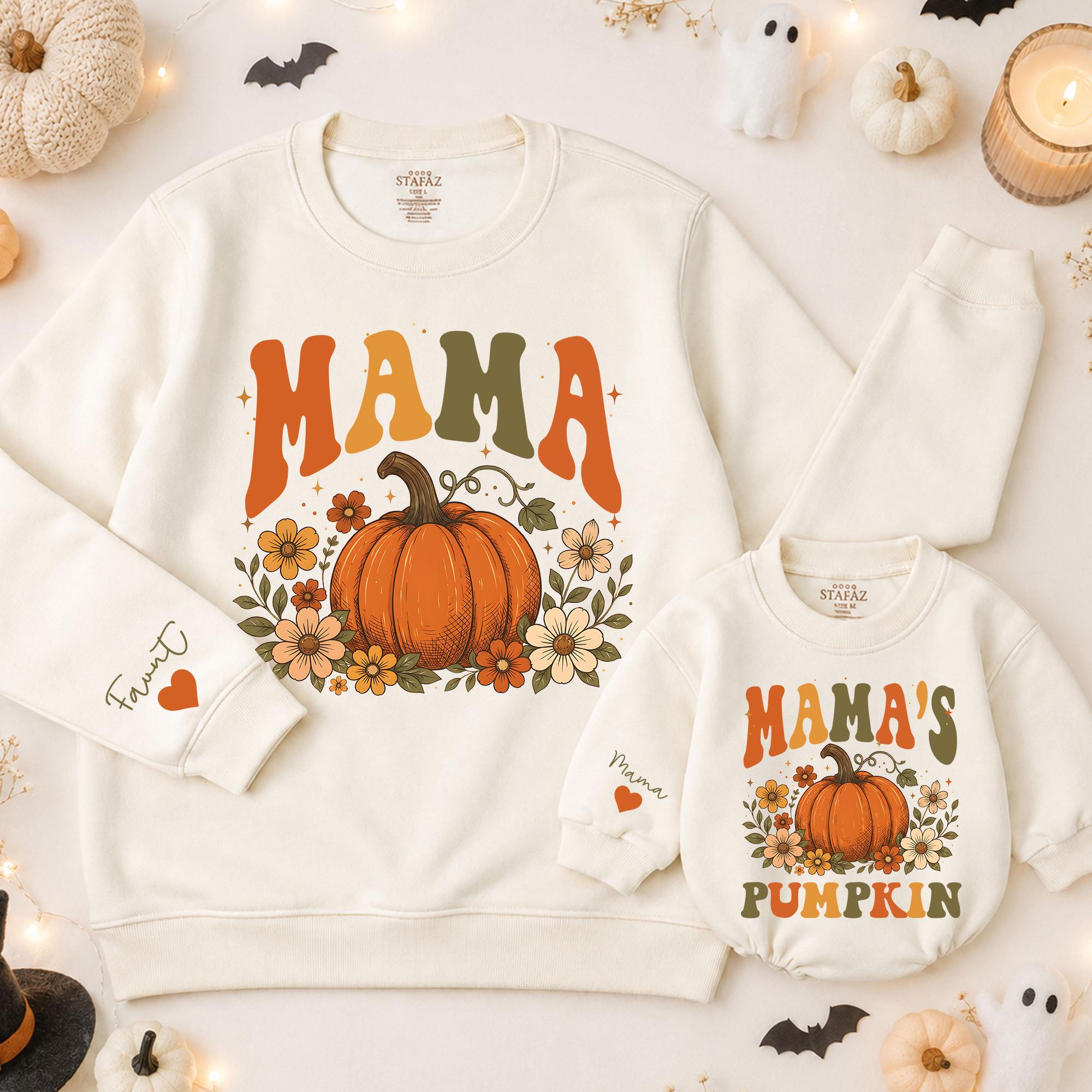 Mama's Pumpkin Matching Sweatshirt and Baby Romper with Fall Floral Pumpkin Design, Mommy & Me Outfit, Autumn Family Gift, NB-2XL