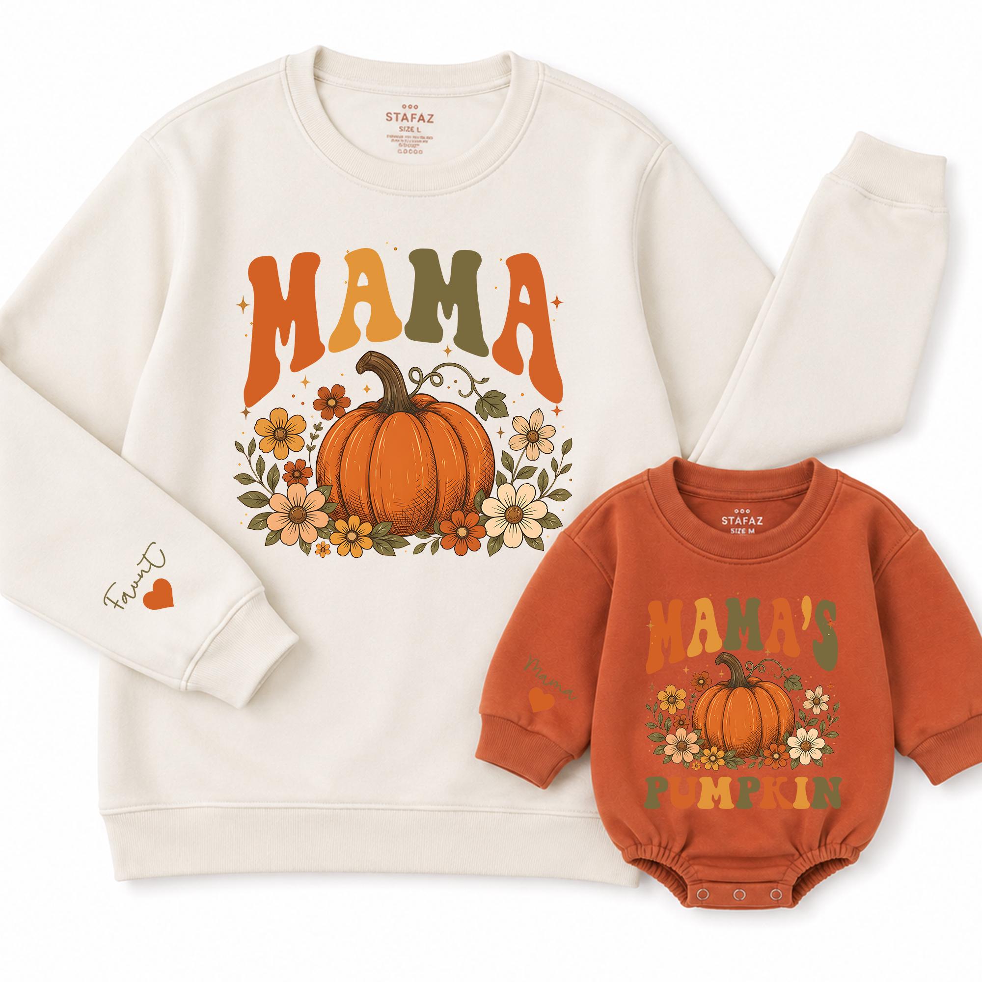 Mama's Pumpkin Matching Sweatshirt and Baby Romper with Fall Floral Pumpkin Design, Mommy & Me Outfit, Autumn Family Gift, NB-2XL