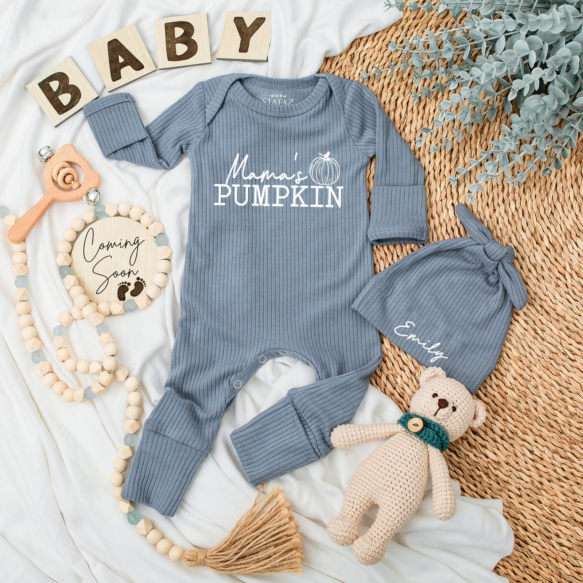 Mama's Pumpkin Pregnancy Announcement Unisex Baby Bodysuit and Hat Custom Name Fall Keepsake Gift Soft Cotton Going Home Outfit