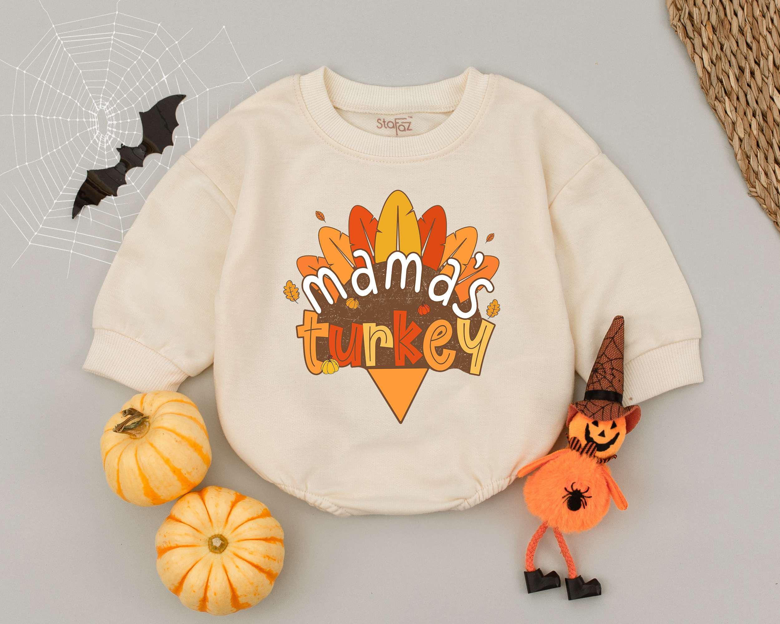 Mama's Turkey Romper for Baby's First Thanksgiving Outfit Cute Toddler Sweatshirt Cozy Holiday Warm Orange White Design Gift