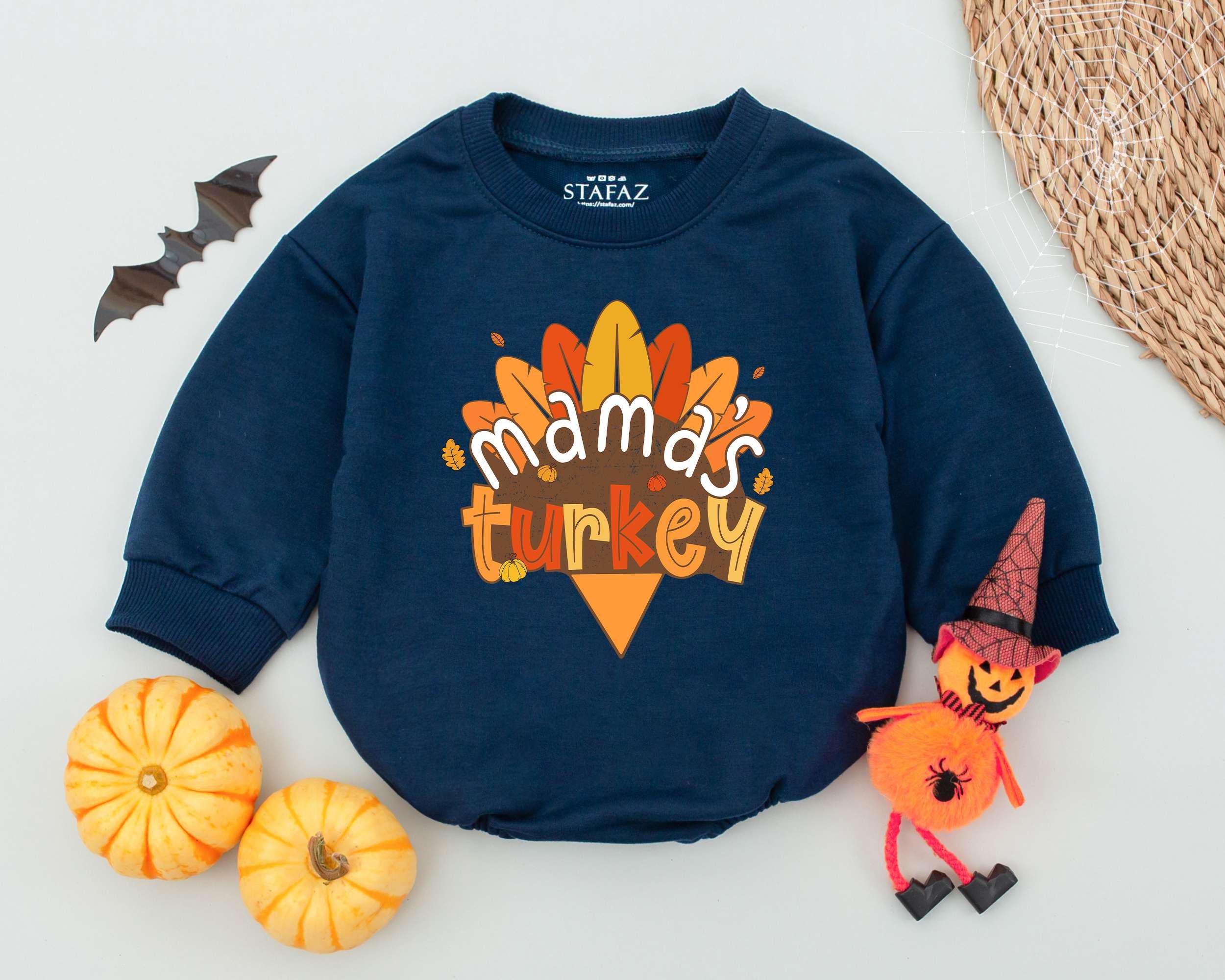 Mama's Turkey Romper for Baby's First Thanksgiving Outfit Cute Toddler Sweatshirt Cozy Holiday Warm Orange White Design Gift