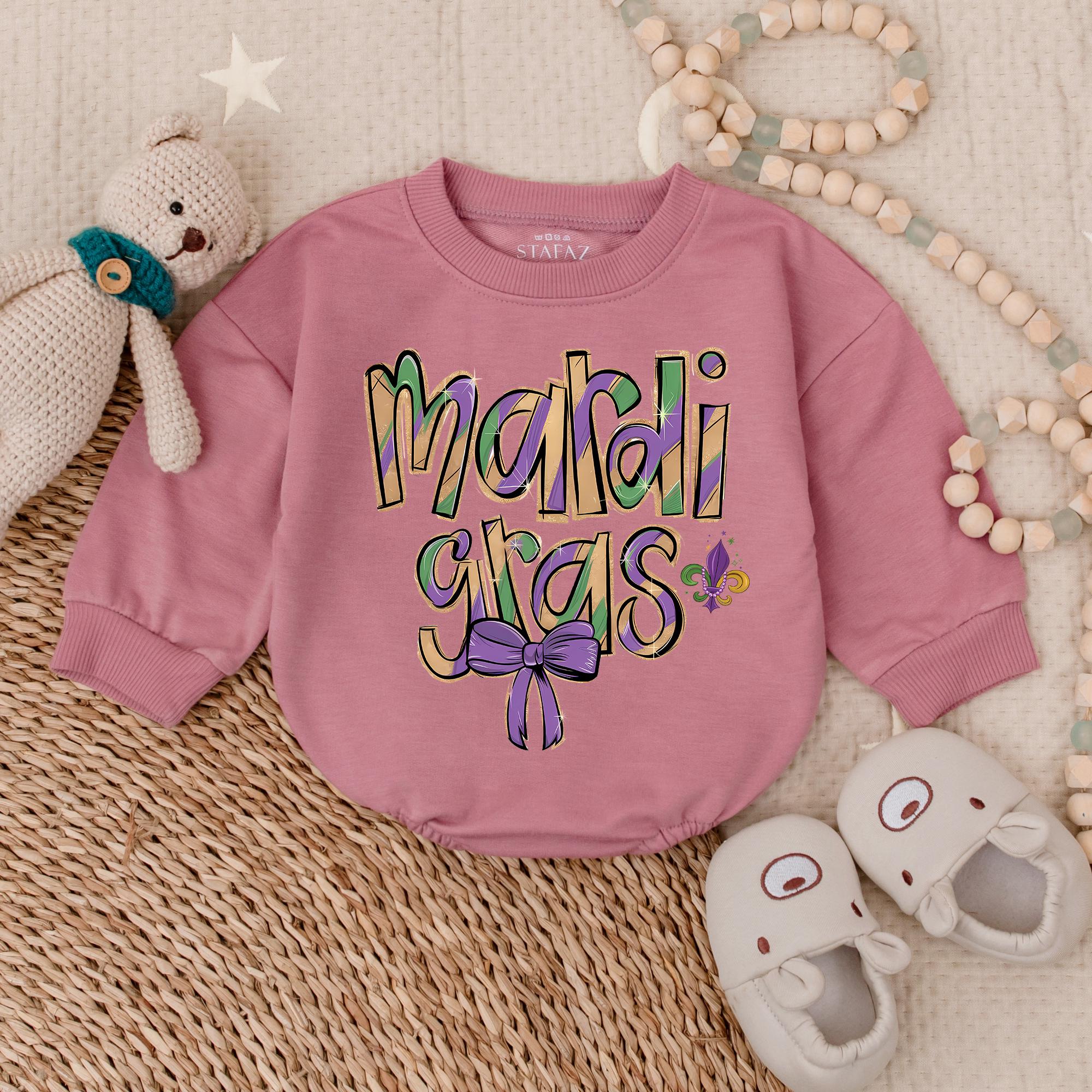 Mardi Gras Baby Romper with Colorful Font and Purple Bow Festive Infant Outfit for Party or Gift Cotton Comfortable Fat Tuesday Style