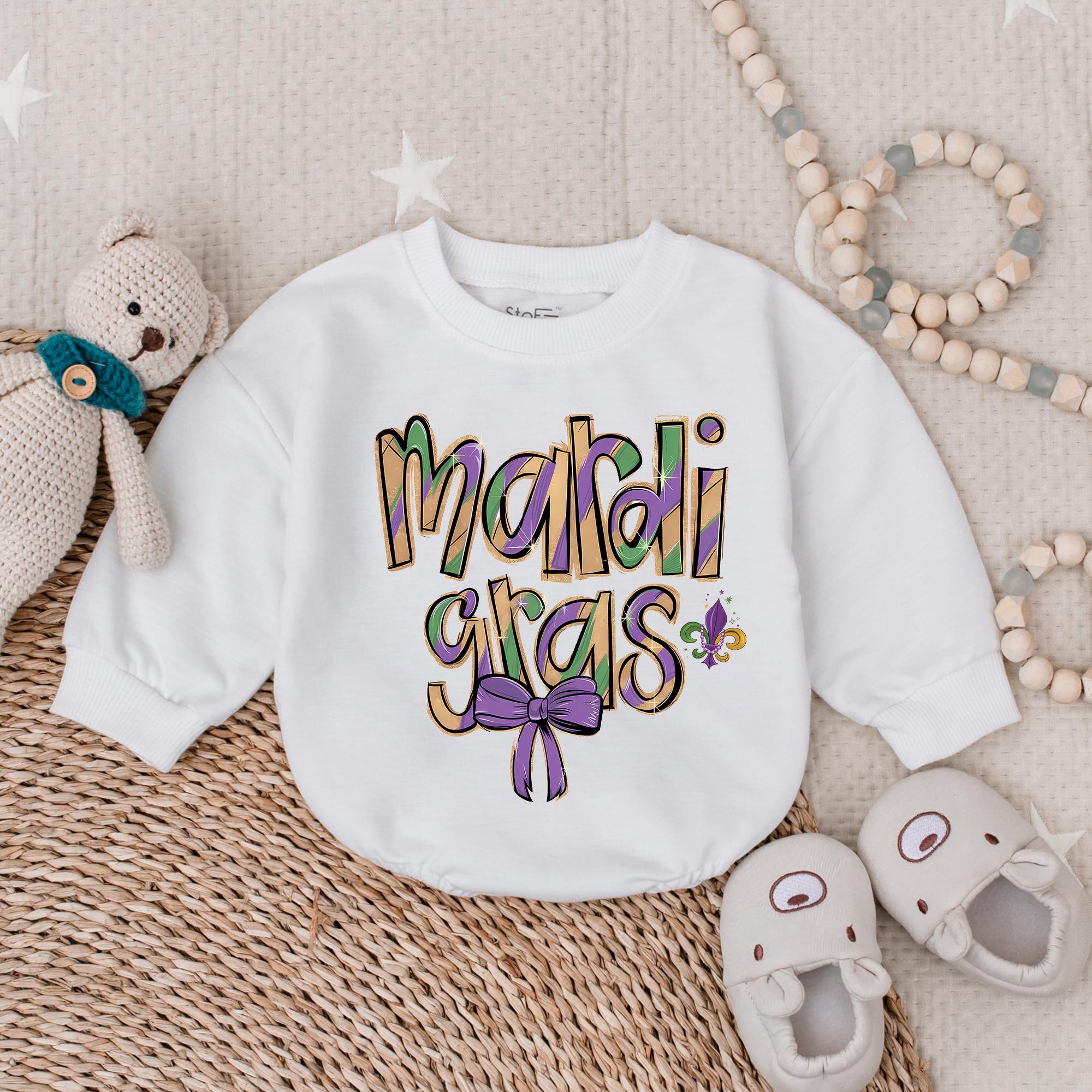 Mardi Gras Baby Romper with Colorful Font and Purple Bow Festive Infant Outfit for Party or Gift Cotton Comfortable Fat Tuesday Style