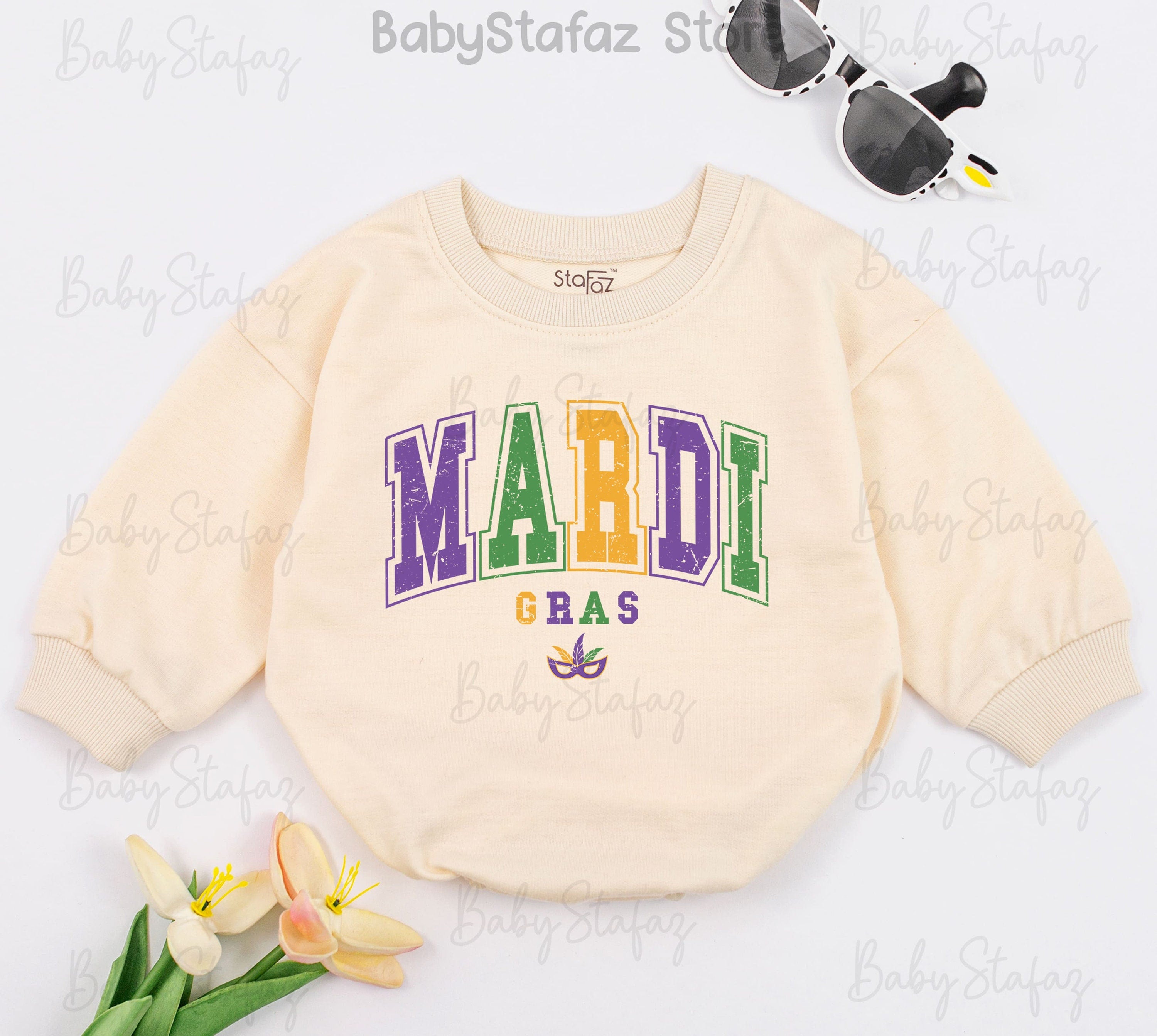 Mardi Gras Baby Romper Festive Outfit for Girls First Parade Soft Cotton Clothing Playful Colors Purple Green Yellow Fleur-de-Lis Design