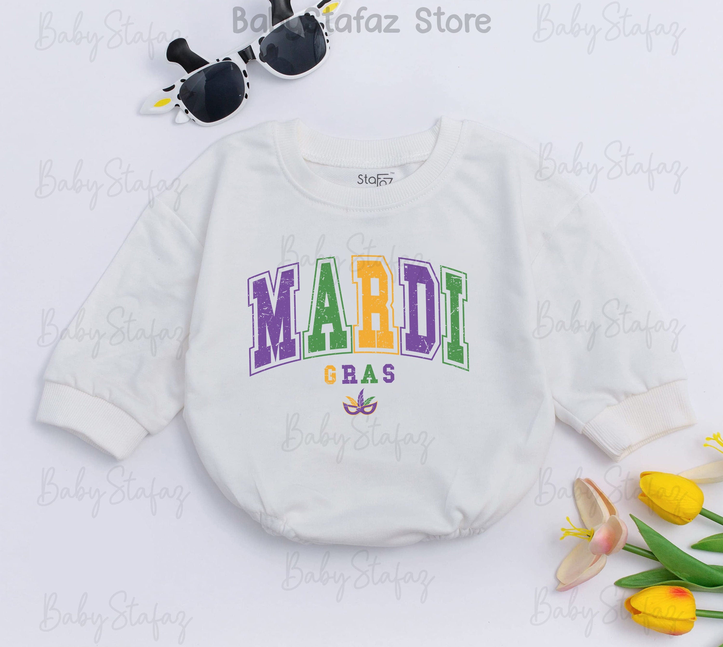 Mardi Gras Baby Romper Festive Outfit for Girls First Parade Soft Cotton Clothing Playful Colors Purple Green Yellow Fleur-de-Lis Design