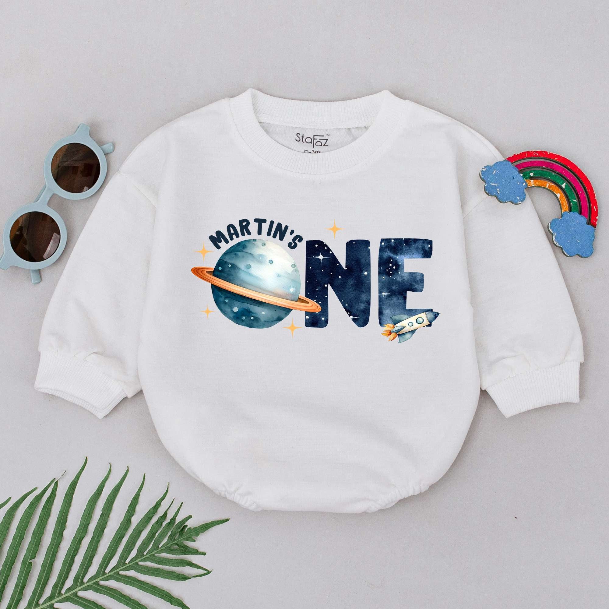Martin's Space One Birthday Romper for Baby Boys First Birthday Outfit with Saturn and Rocket Design