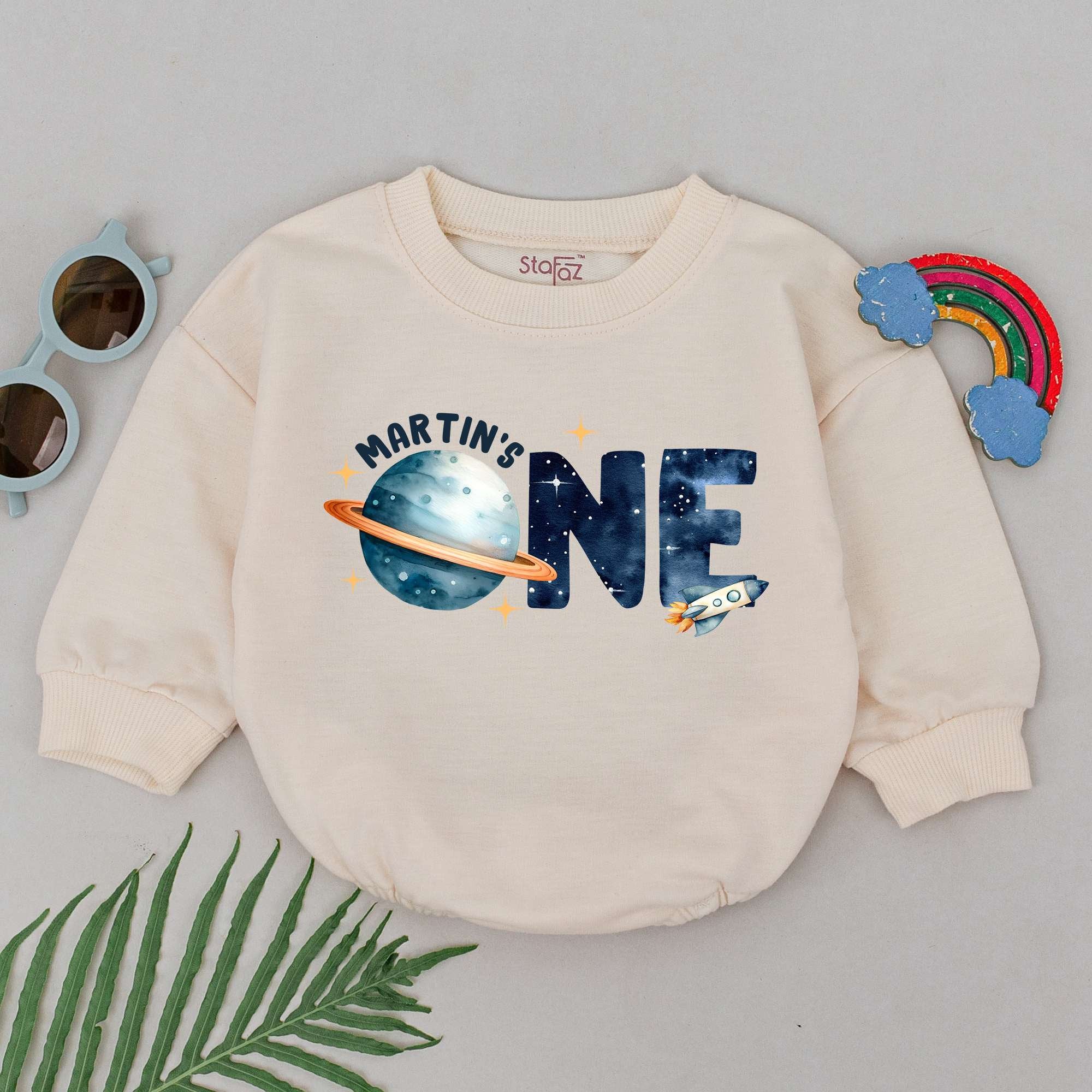 Martin's Space One Birthday Romper for Baby Boys First Birthday Outfit with Saturn and Rocket Design