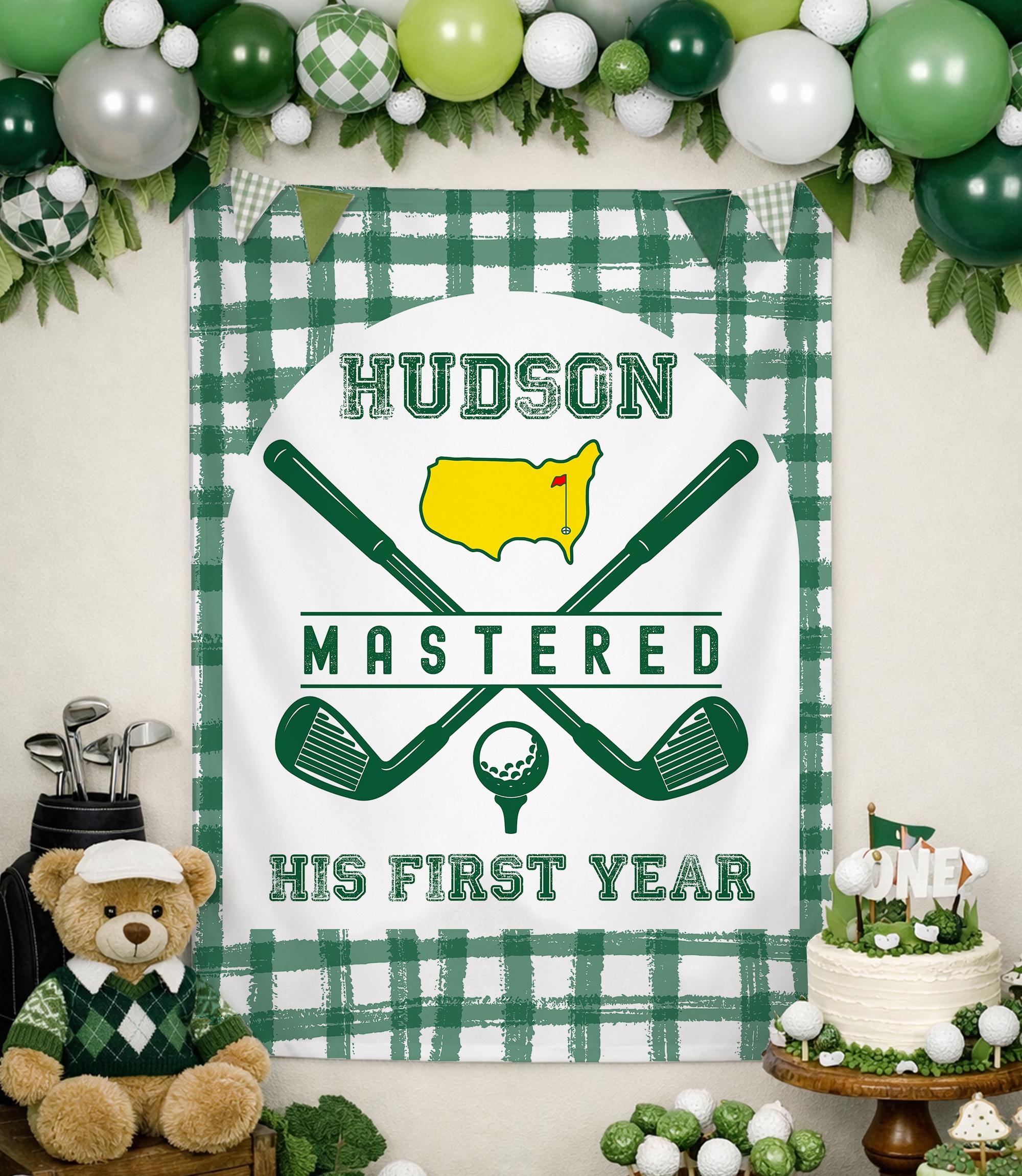 Mastered First Year Golf Birthday Banner Custom Name Party Backdrop Green Gingham 1st Birthday Decor Sign for Baby or Toddler Celebration