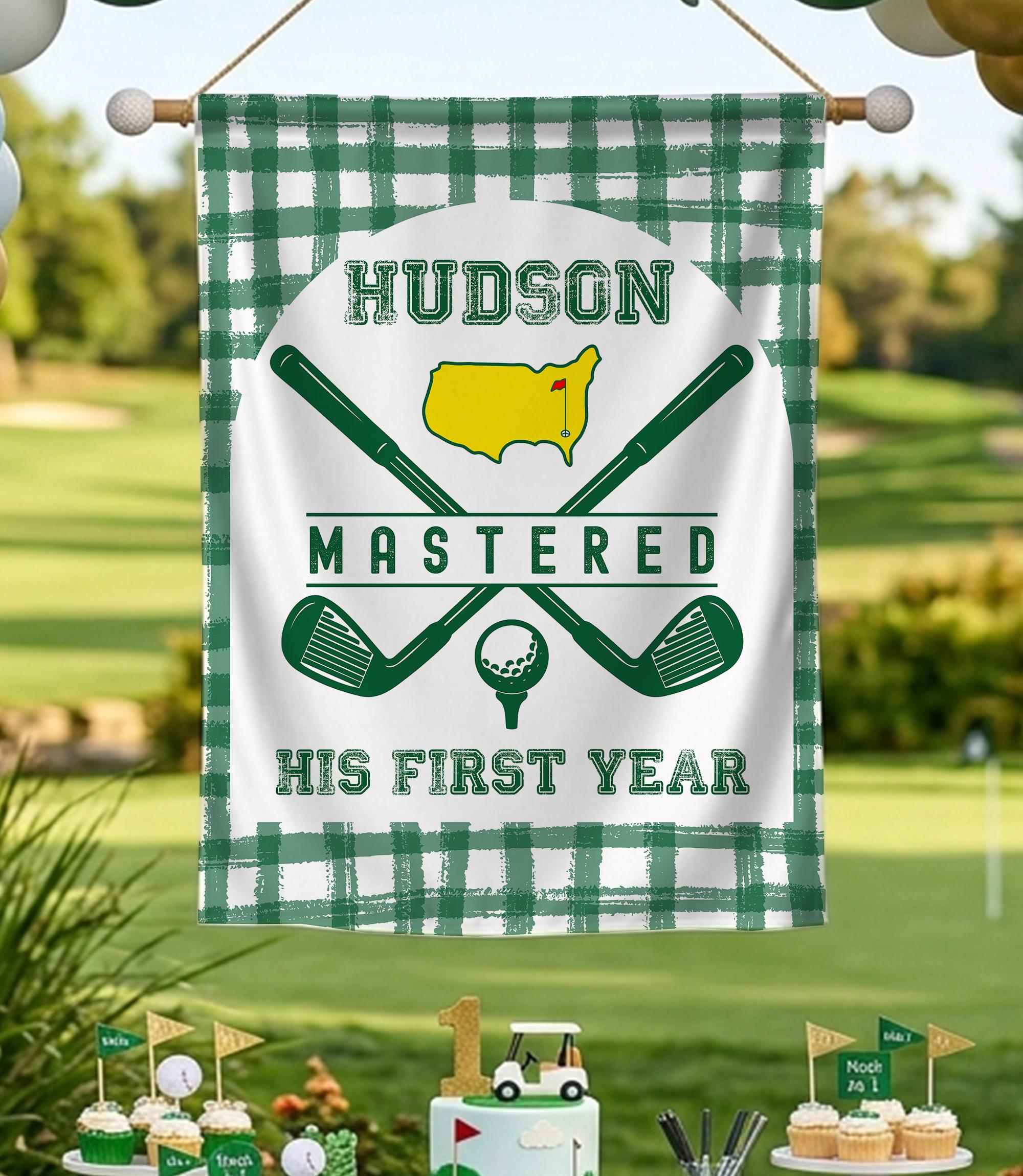 Mastered First Year Golf Birthday Banner Custom Name Party Backdrop Green Gingham 1st Birthday Decor Sign for Baby or Toddler Celebration