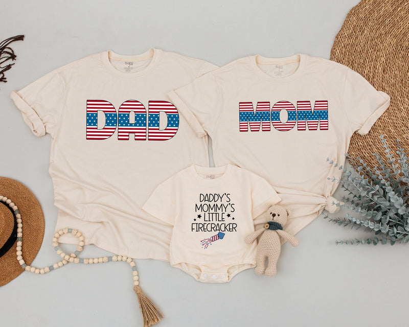 Matching 4th of July Family Shirts Patriotic Mom Dad Little Firecracker Outfit Retro Americana Red White Blue Party Clothes for Baby and Toddler