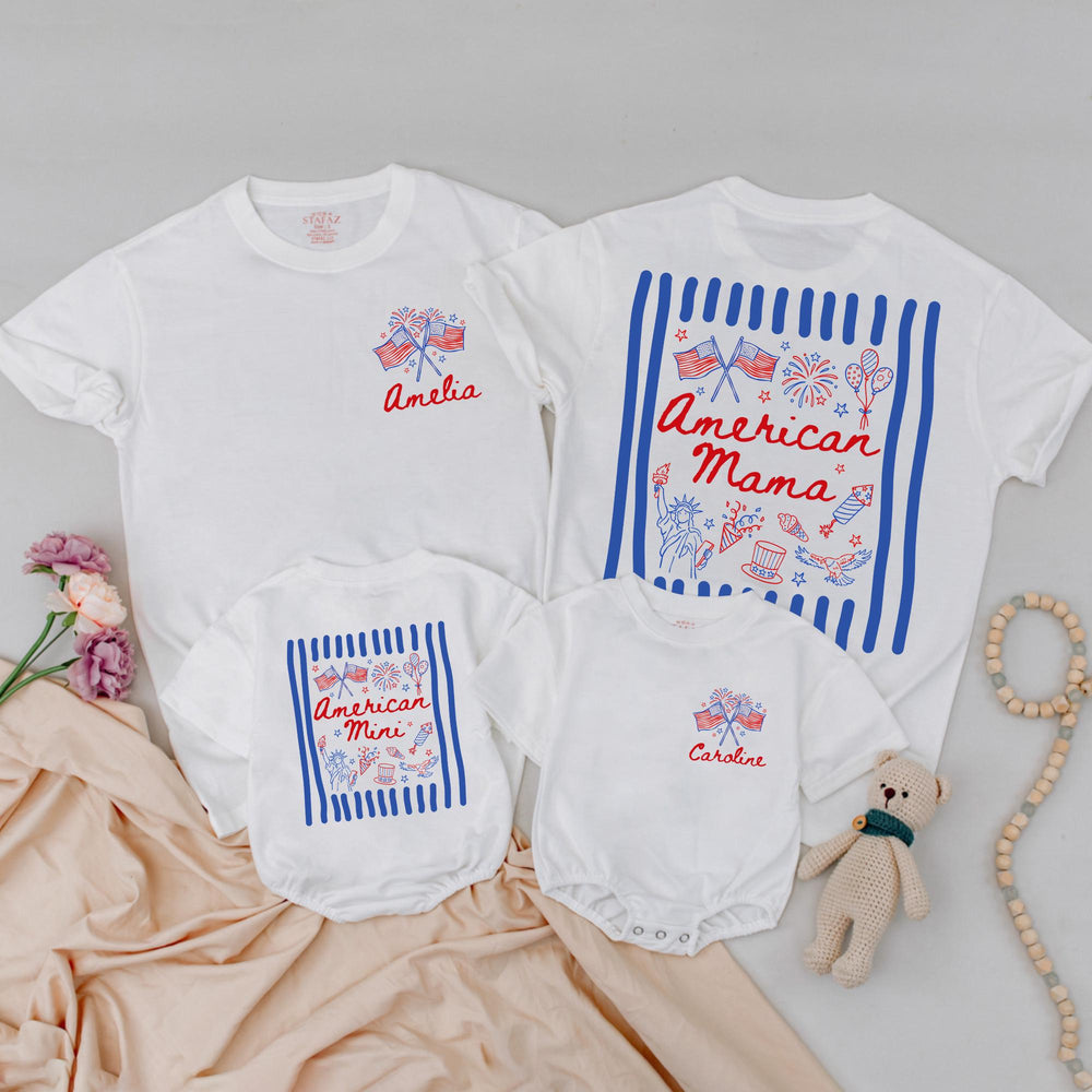 Matching American Mama and Mini Shirts with Custom Names Red White Blue Patriotic 4th of July Family Outfit Mommy Daughter Gift