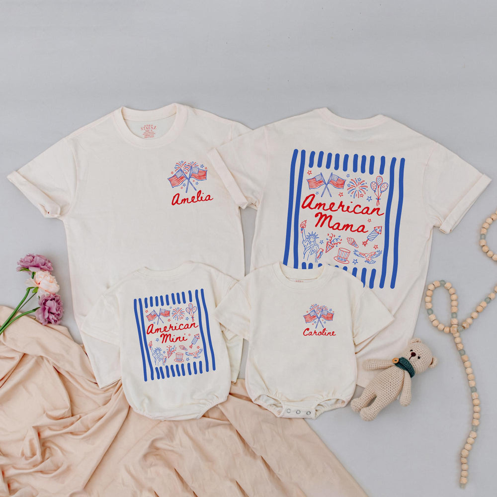 Matching American Mama and Mini Shirts with Custom Names Red White Blue Patriotic 4th of July Family Outfit Mommy Daughter Gift