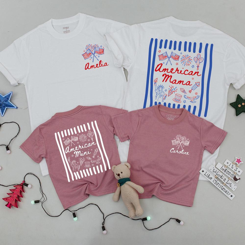 Matching American Mama and Mini Shirts with Custom Names Red White Blue Patriotic 4th of July Family Outfit Mommy Daughter Gift