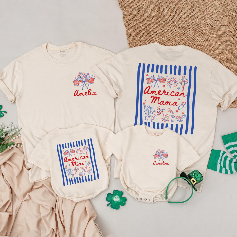 Matching American Mama and Mini Shirts with Custom Names Red White Blue Patriotic 4th of July Family Outfit Mommy Daughter Gift
