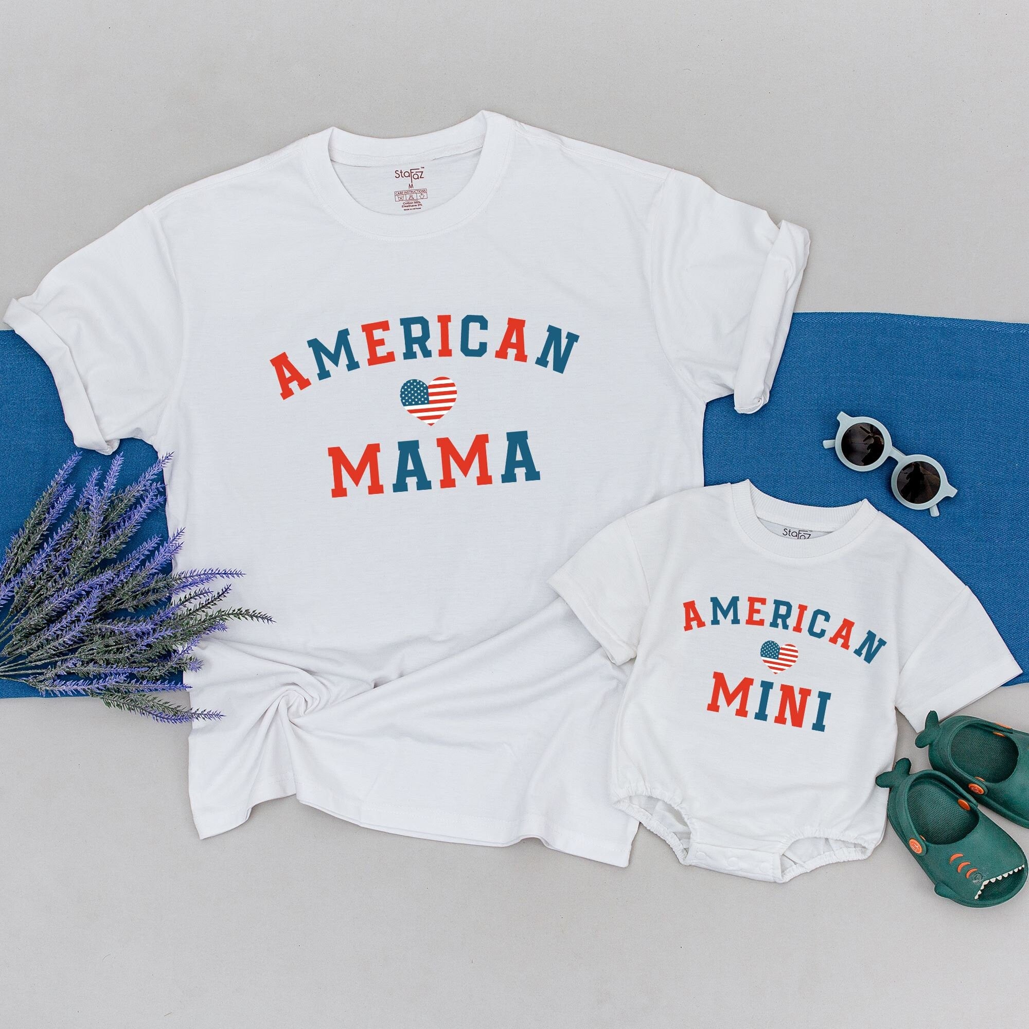 Matching American Mama and Mini Shirts with Patriotic Heart Design Cotton Soft 4th of July Outfit for Mom Baby Celebrations
