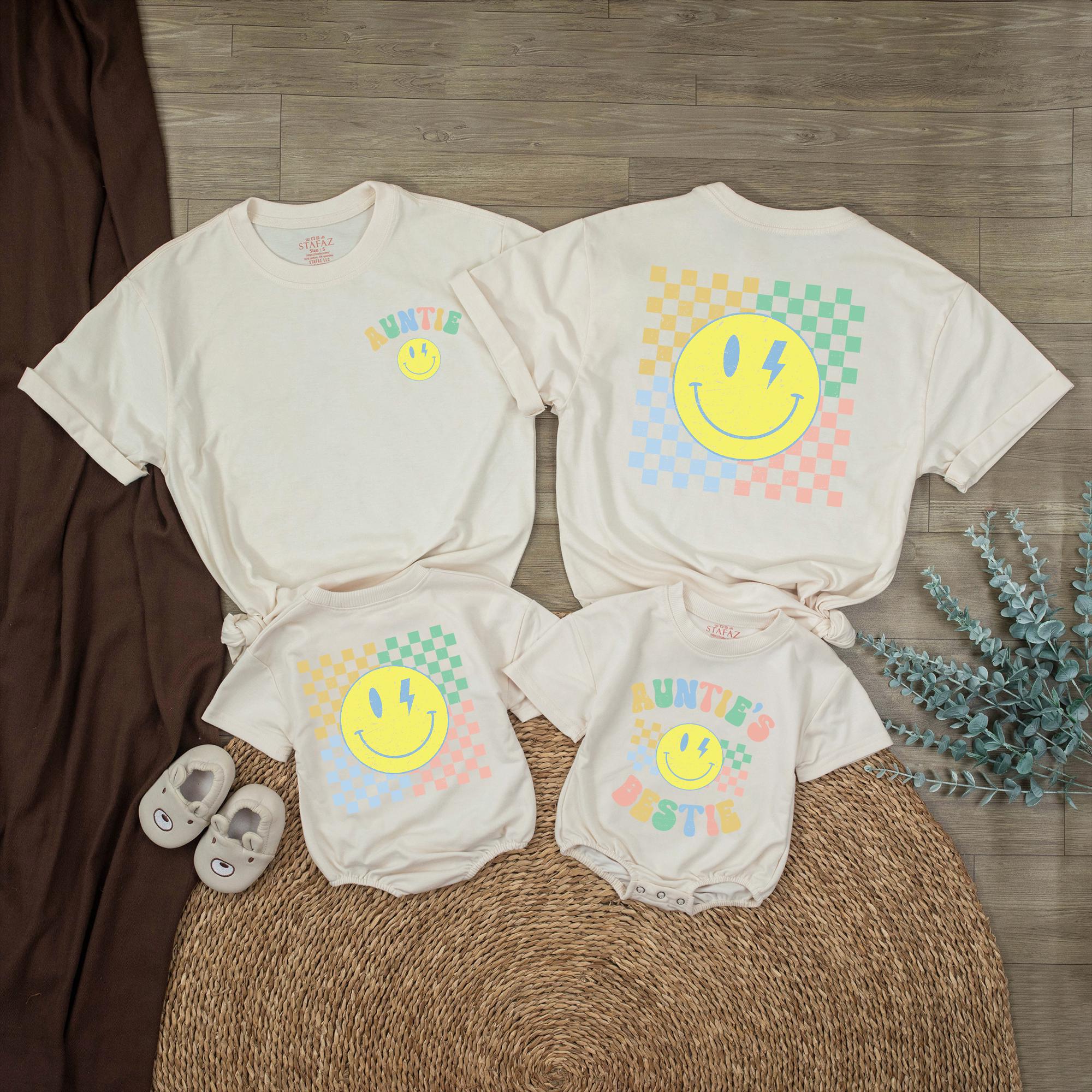 Matching Auntie and Auntie's Bestie Outfits with Retro Smiley Face Design, Personalized Shirts for Baby Shower Gift or Family Photos