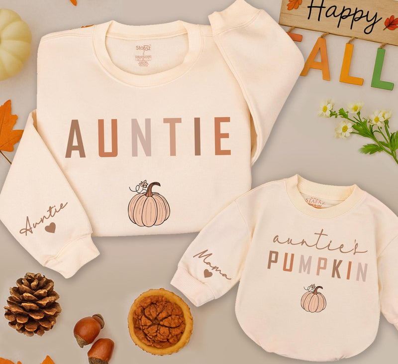 Matching Auntie and Auntie's Pumpkin Sweatshirts Cozy Fall Family Outfits Hand-Drawn Design Thanksgiving Halloween Gift