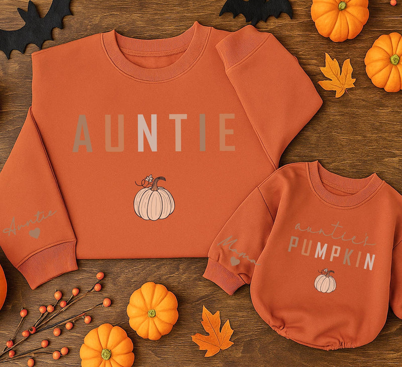 Matching Auntie and Auntie's Pumpkin Sweatshirts Cozy Fall Family Outfits Hand-Drawn Design Thanksgiving Halloween Gift