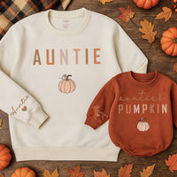 Matching Auntie and Auntie's Pumpkin Sweatshirts Cozy Fall Family Outfits Hand-Drawn Design Thanksgiving Halloween Gift