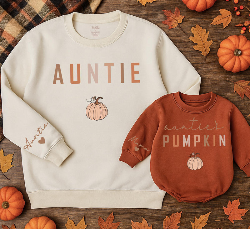 Matching Auntie and Auntie's Pumpkin Sweatshirts Cozy Fall Family Outfits Hand-Drawn Design Thanksgiving Halloween Gift