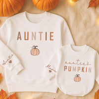 Matching Auntie and Auntie's Pumpkin Sweatshirts Cozy Fall Family Outfits Hand-Drawn Design Thanksgiving Halloween Gift