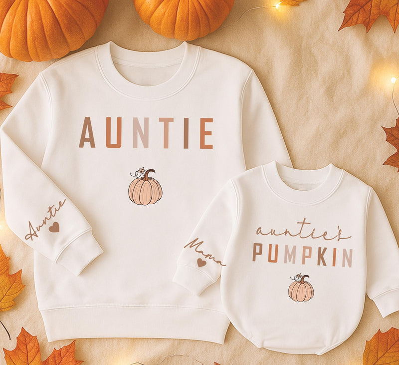 Matching Auntie and Auntie's Pumpkin Sweatshirts Cozy Fall Family Outfits Hand-Drawn Design Thanksgiving Halloween Gift