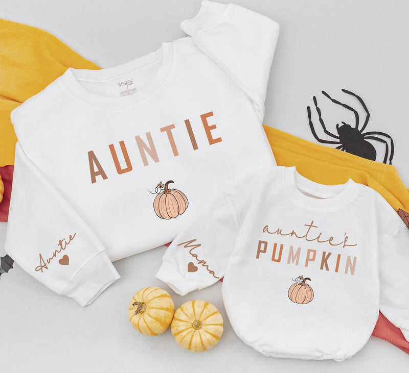 Matching Auntie and Auntie's Pumpkin Sweatshirts Cozy Fall Family Outfits Hand-Drawn Design Thanksgiving Halloween Gift