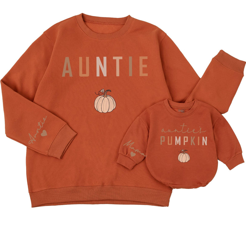 Matching Auntie and Auntie's Pumpkin Sweatshirts Cozy Fall Family Outfits Hand-Drawn Design Thanksgiving Halloween Gift