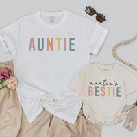 Custom Auntie and Auntie's Bestie Matching Shirts for Baby and Adult, Soft Cotton Outfit Perfect for Mother’s Day or Family Photos