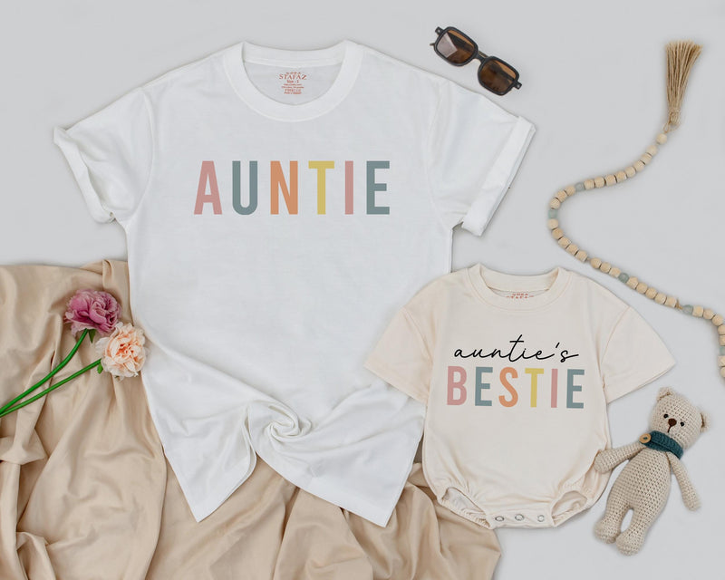 Custom Auntie and Auntie's Bestie Matching Shirts for Baby and Adult, Soft Cotton Outfit Perfect for Mother’s Day or Family Photos