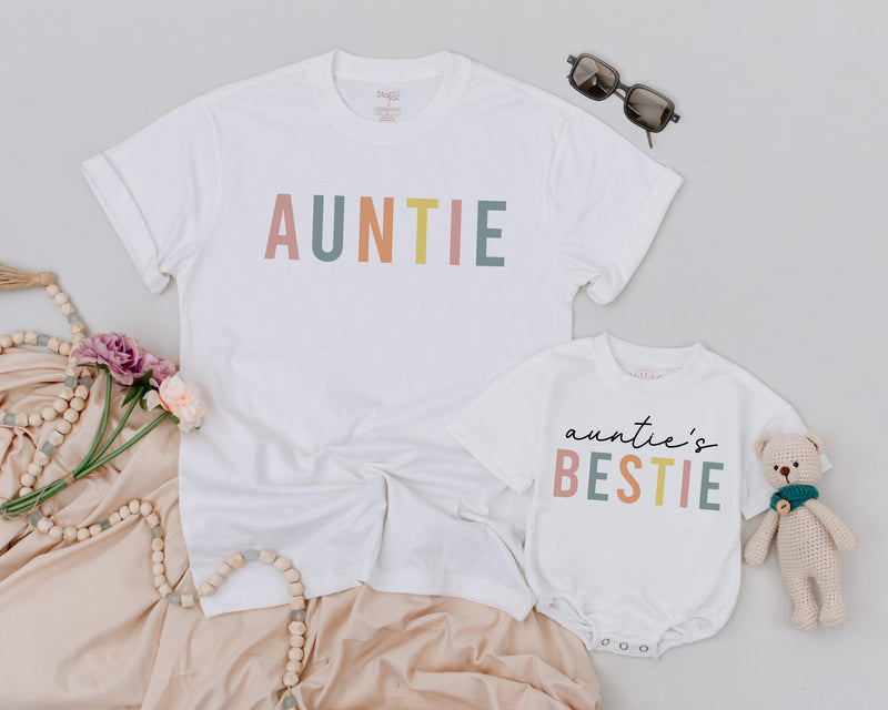 Custom Auntie and Auntie's Bestie Matching Shirts for Baby and Adult, Soft Cotton Outfit Perfect for Mother’s Day or Family Photos