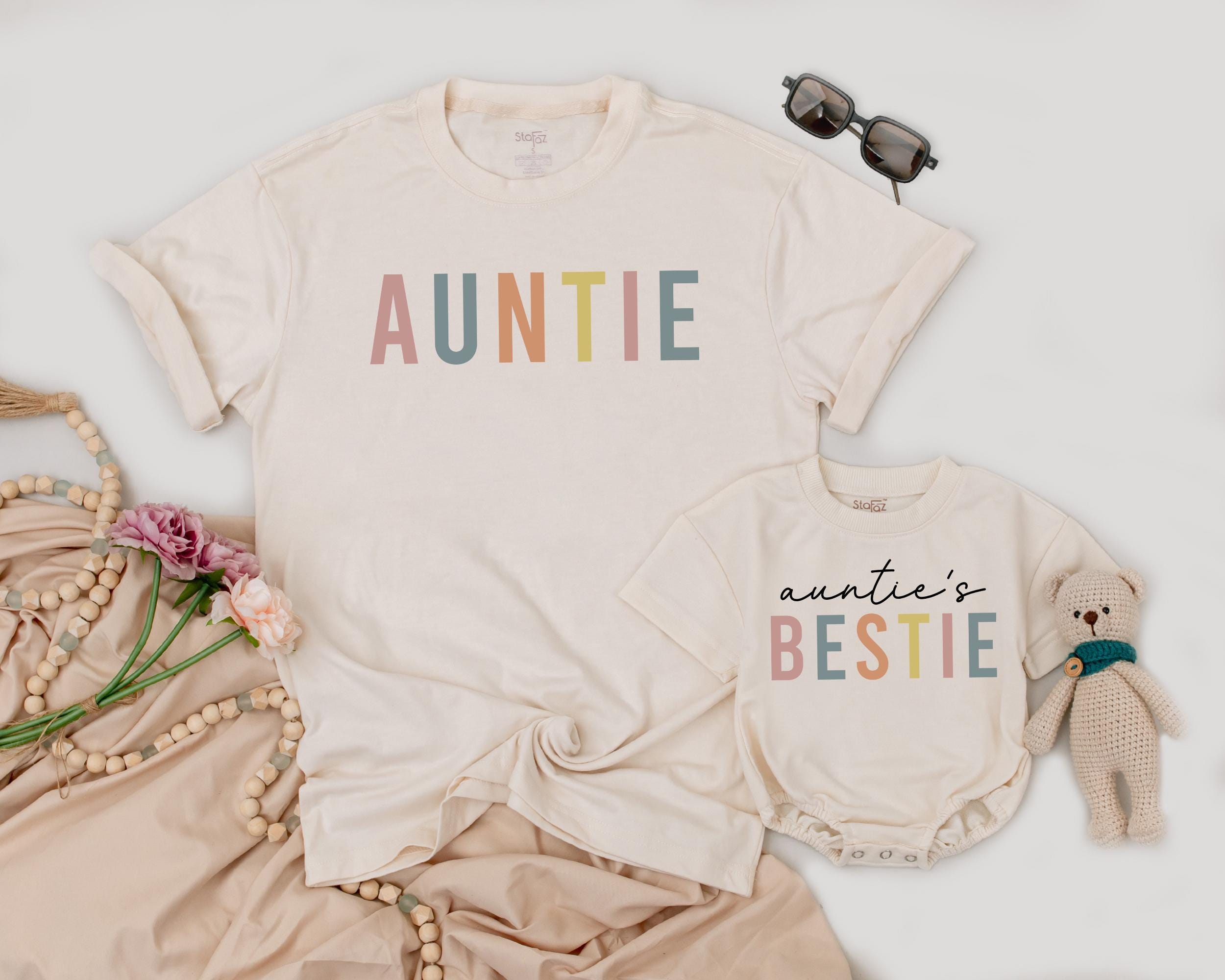 Matching Auntie and Bestie Shirts Pastel Cursive Script Design Soft Cotton Gift for Niece Nephew Birthday or Mother's Day