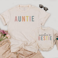 Custom Auntie and Auntie's Bestie Matching Shirts for Baby and Adult, Soft Cotton Outfit Perfect for Mother’s Day or Family Photos