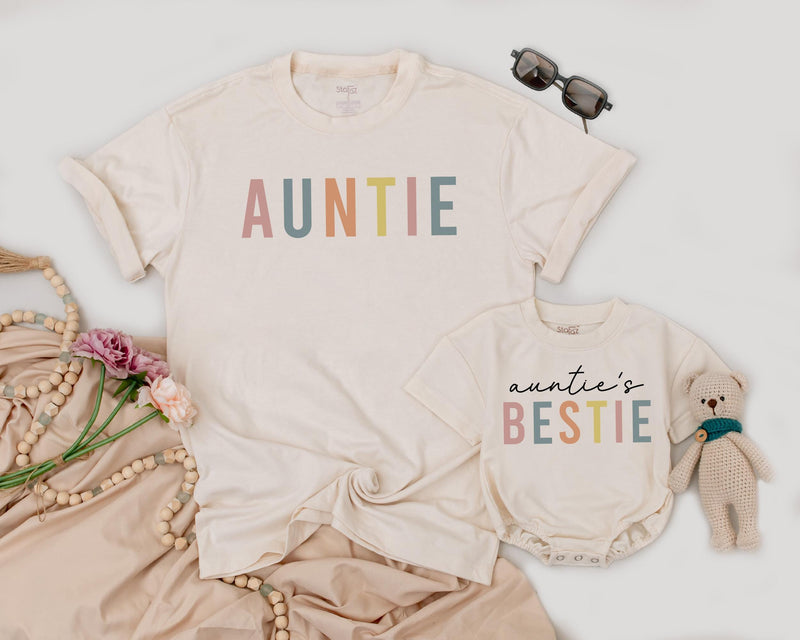 Custom Auntie and Auntie's Bestie Matching Shirts for Baby and Adult, Soft Cotton Outfit Perfect for Mother’s Day or Family Photos