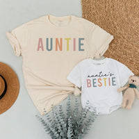 Custom Auntie and Auntie's Bestie Matching Shirts for Baby and Adult, Soft Cotton Outfit Perfect for Mother’s Day or Family Photos