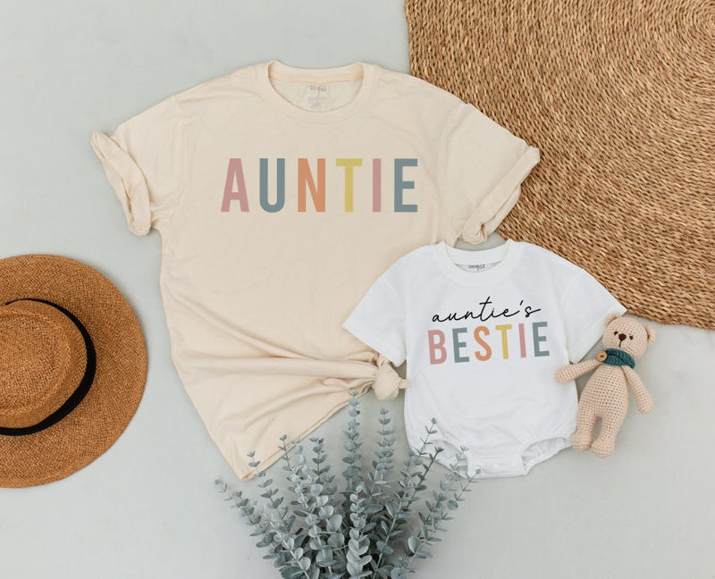 Custom Auntie and Auntie's Bestie Matching Shirts for Baby and Adult, Soft Cotton Outfit Perfect for Mother’s Day or Family Photos