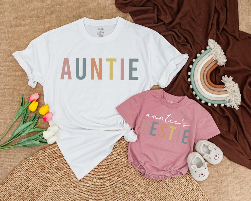 Custom Auntie and Auntie's Bestie Matching Shirts for Baby and Adult, Soft Cotton Outfit Perfect for Mother’s Day or Family Photos