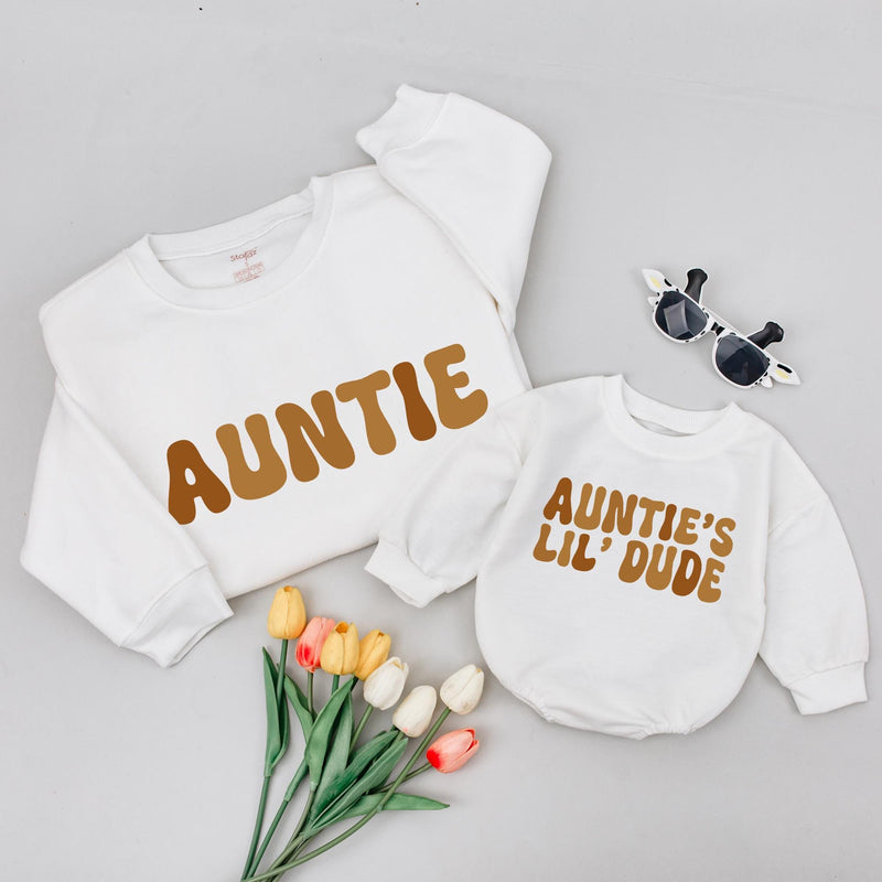 Matching Auntie and Lil' Dude Sweatshirt Set Retro Tan Design Custom Gift for Baby Boy Newborn Aunt Birthday or Holiday Minimalist Outfit