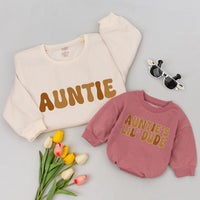 Matching Auntie and Lil' Dude Sweatshirt Set Retro Tan Design Custom Gift for Baby Boy Newborn Aunt Birthday or Holiday Minimalist Outfit