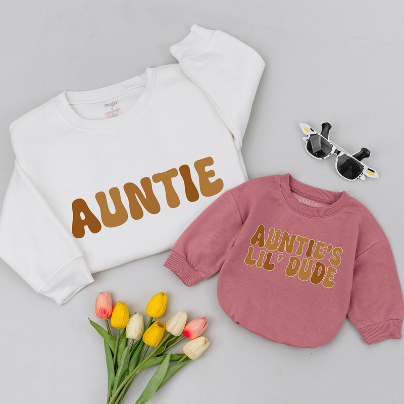 Matching Auntie and Lil' Dude Sweatshirt Set Retro Tan Design Custom Gift for Baby Boy Newborn Aunt Birthday or Holiday Minimalist Outfit